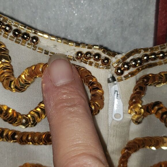 Gold Star Fringed Sequined Beaded Silk Cocktail Formal Dress - Picture 11 of 11